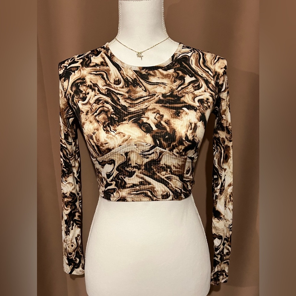 Just Polly Brown Marble-Print Long Sleeve Women's Crop Top NWT